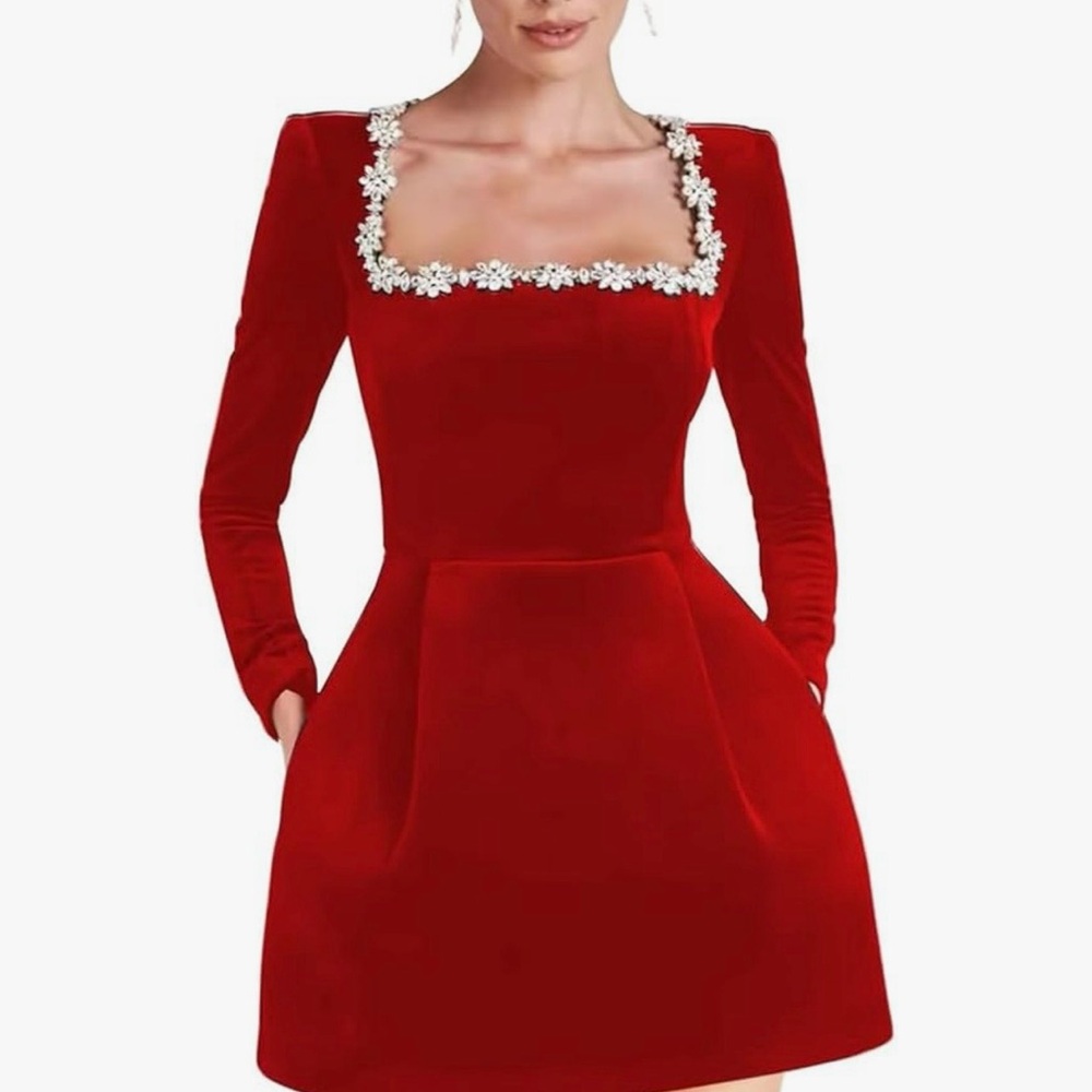 Elegant Red Velvet Dress with Floral Accents
